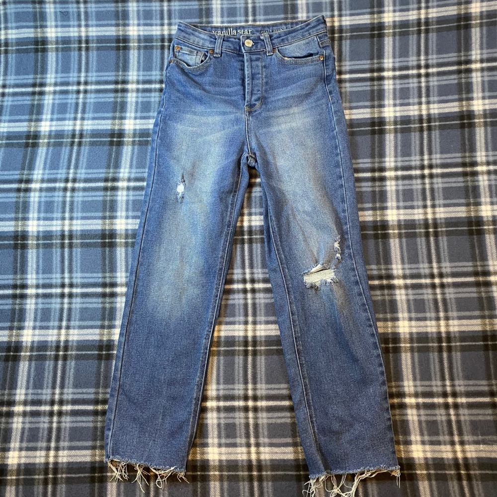 Vanilla Star Real Cheeky Distressed Button Fly Jeans Medium Wash Raw Hem‎ Size 7